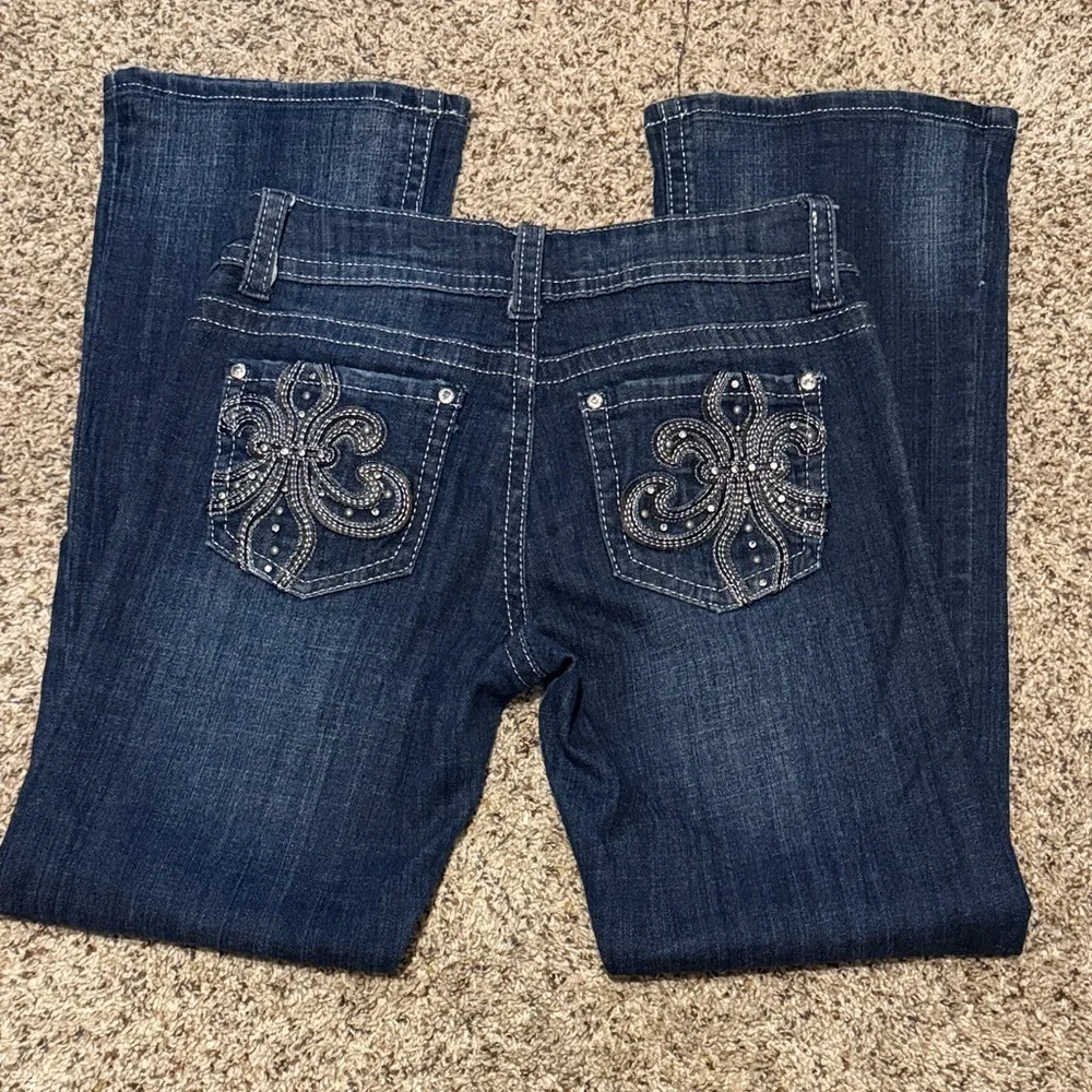 Women’s Zipper Bootcut Jeans Size 9 Rhinestone Embroidered Pockets Stretch Denim